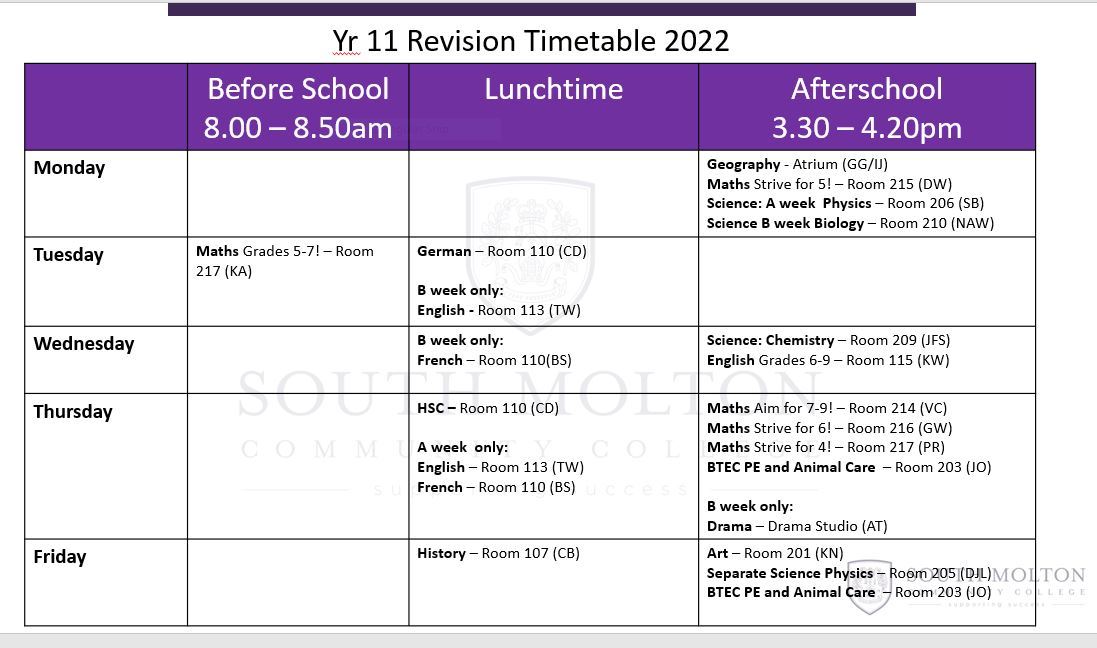 Year 11 revision timetable